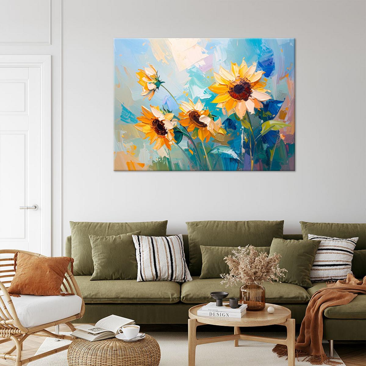 LEINWANDBILD Sonnenblumen Blumen Ölfarbe-Imitation 120x80cm - Blau, Textil (120/80cm) - Feeby