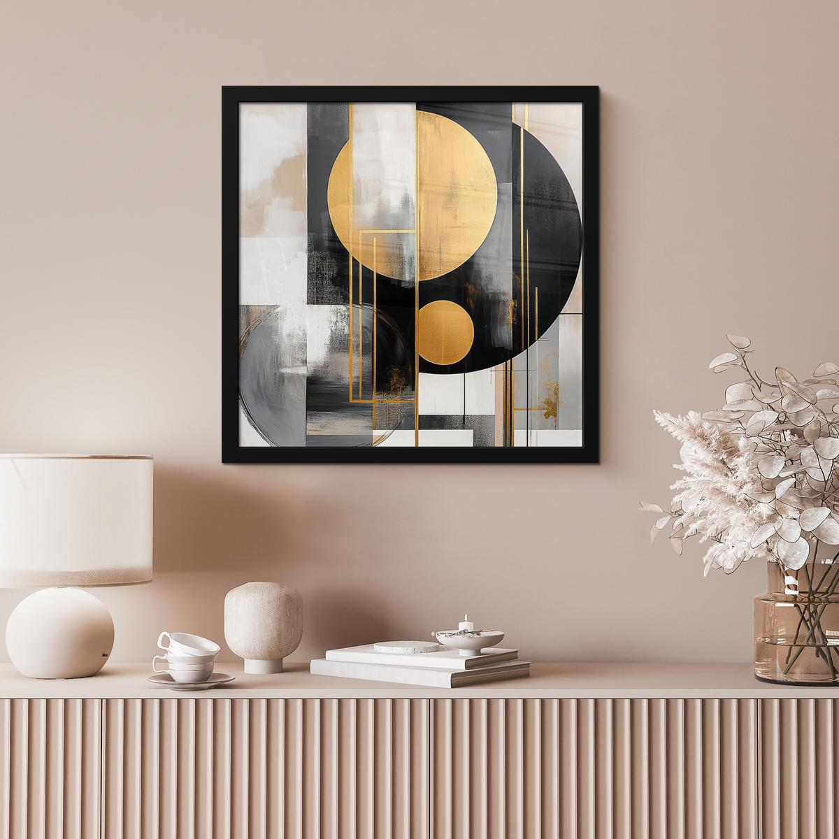 POSTER MIT RAHMENGERAHMTES BILD Abstrakt - Gold - Silber - Formen - Ästhetisch - Modern 40x40 cm - Goldfarben, Papier (40/40cm) - MuchoWow