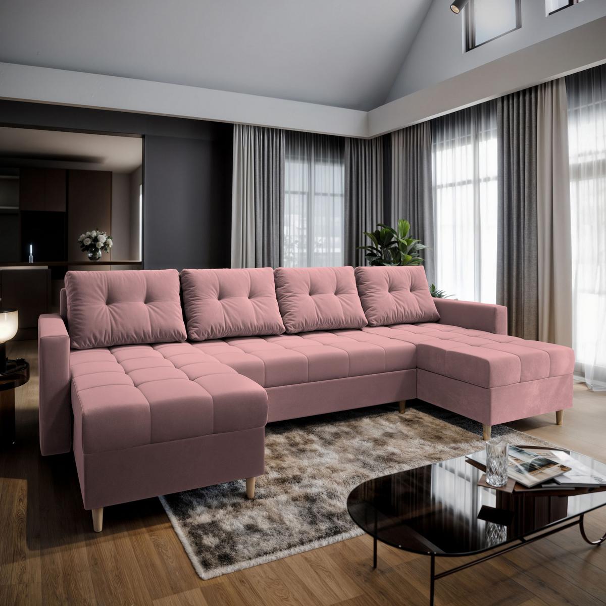 WOHNLANDSCHAFT MILO U Rosa Plüsch-Stoff mit Schlaffunktion - Rosa/Braun, Holz/Textil (285/91/140cm) - MASSENO
