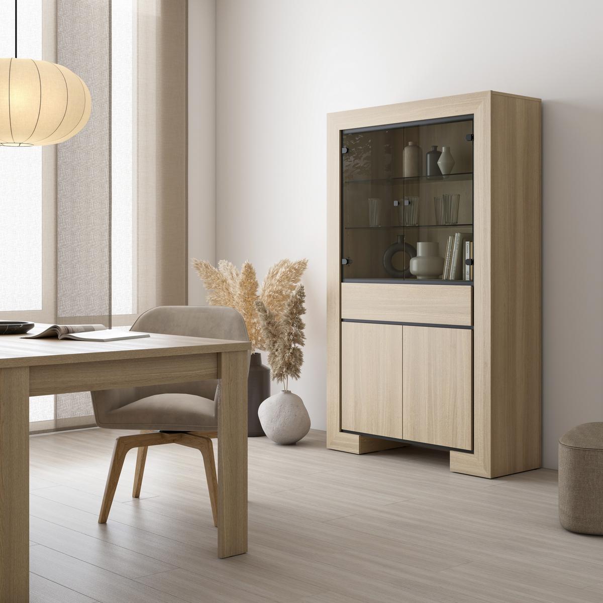 VITRINE LUNO 185 / 113 cm in Eichefarben - Eichefarben/Schwarz, Holzwerkstoff (113/185/41cm) - MASSENO