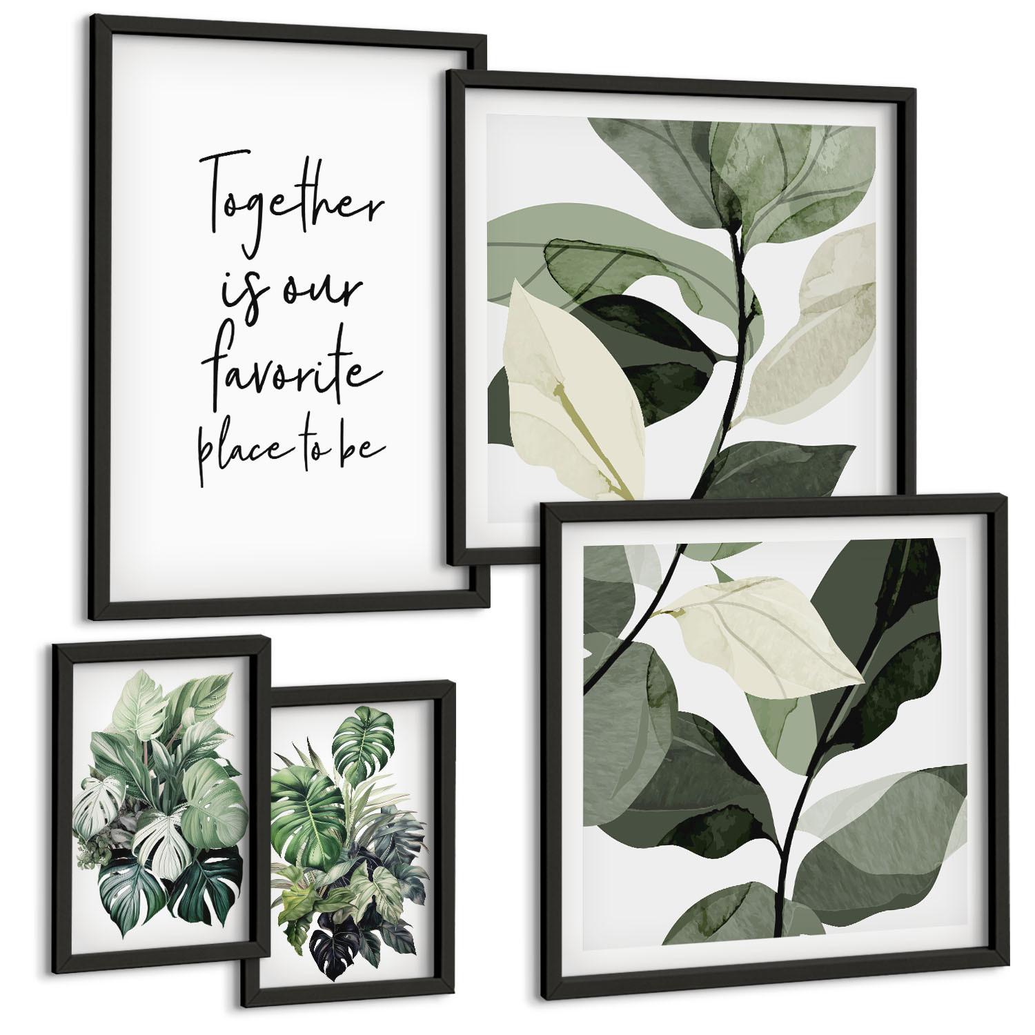 BILDER SET 5er Set - 50x50 cm & 20x30 cm & 40x60 cm Schwarzer Rahmen - Dekoration aus grünen tropischen Blättern - Schwarz, Kunststoff (40/60cm) - TULUP