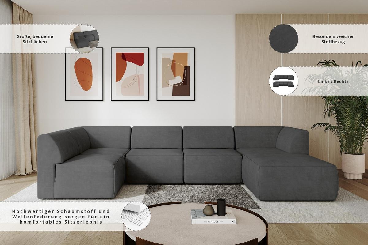 WOHNLANDSCHAFT Ottomane Rechts MOVO-L 345x180x78 cm Dunkelgrau Velours - Eschefarben, Holzwerkstoff/Kunststoff (180/78/345cm) - ALTDECOR
