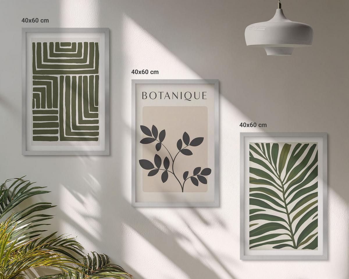 BILDER SET 3er Set - 40x60 cm Silberner Rahmen - Botanischer Boho-Minimalismus - Silberfarben, Kunststoff (40/60cm) - TULUP