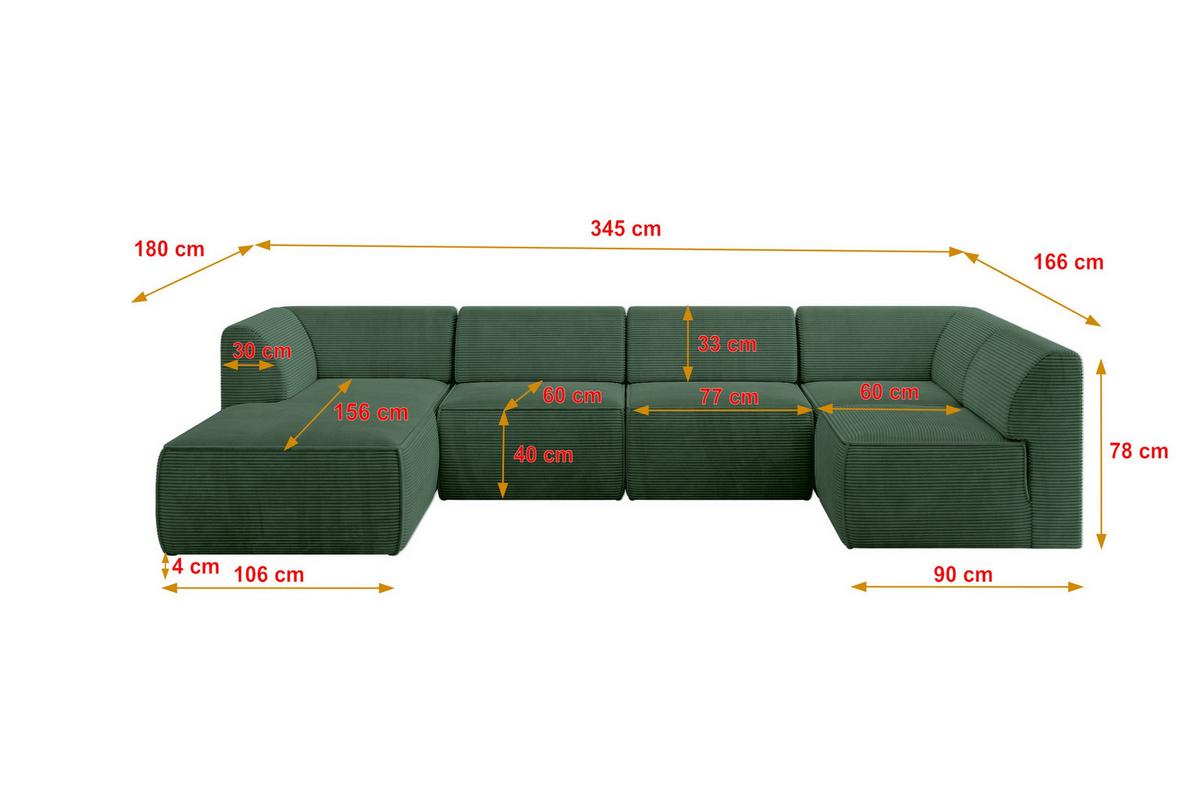 WOHNLANDSCHAFT Ottomane Links MOVO-L 345x180x78 cm Grün Cord - Grün, Holzwerkstoff/Kunststoff (345/78/180cm) - ALTDECOR