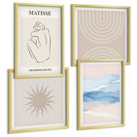 BILDER SET 4er Set - 50x50 cm & 40x60 cm Goldrahmen - Linien, Wellen, Pastellfarben, minimalistisch - Goldfarben, Kunststoff (50/50cm) - TULUP