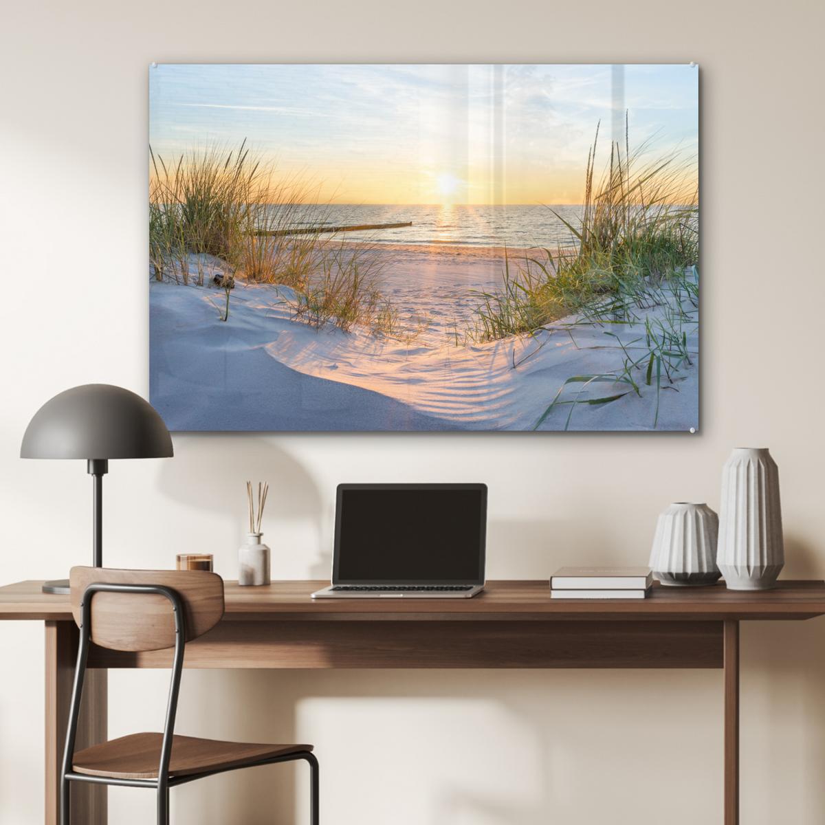 ACRYLGLASBILD Strand - Sonne - Düne - Gras - Sand - Horizont Wandbild Schlafzimmer 120x80 cm - Hellblau, Glas (120/80cm) - MuchoWow