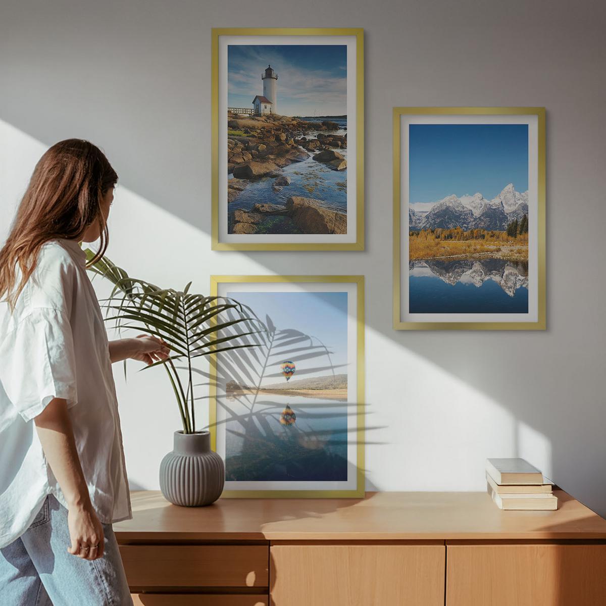BILDER SET 3er Set - 40x60 cm Goldrahmen - Naturansichten, Leuchtturm, Berge, Ballonfahrt - Goldfarben, Kunststoff (40/60cm) - TULUP