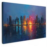 LEINWANDBILD Skyline - Pinselstriche - Dunkelblau - Leuchtend Groß 140x90 cm - Blau, Textil (140/90cm) - MuchoWow