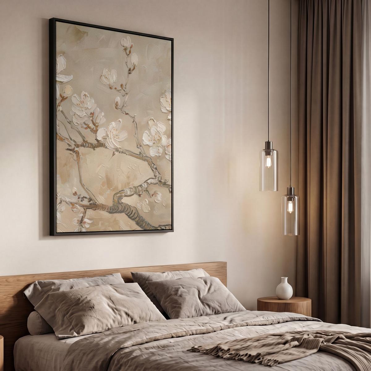 LEINWAND Bilder mit Rahmen - Blumen - Modern - Beige - Weiß - Blüte - 60x90 - Beige, Textil (60/90cm) - MuchoWow