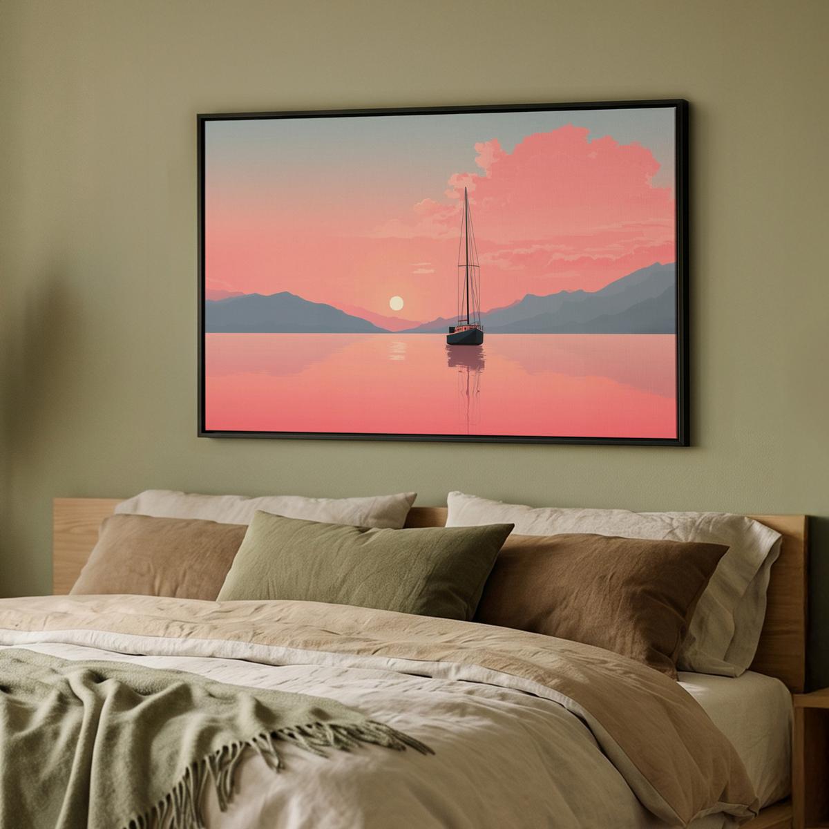LEINWAND Bilder mit Rahmen - Segelboot - Rosa Meer - Sonnenuntergang - Berge - 90x60 - Rosa, Textil (90/60cm) - MuchoWow