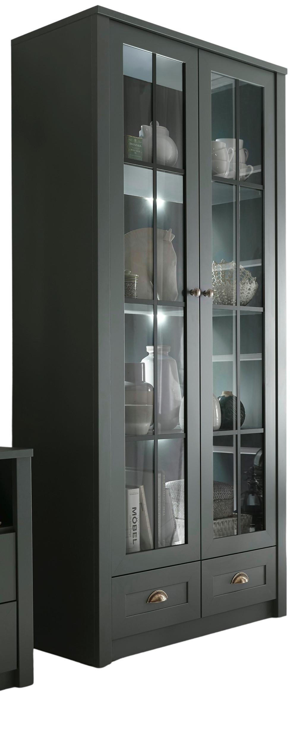 VITRINE grün Landhaus 90 x 197 cm, Vitrinenschrank für Wohn- und Esszimmer - Chromfarben/Schwarz, Glas/Holzwerkstoff (90/197/43cm) - Furn.Design