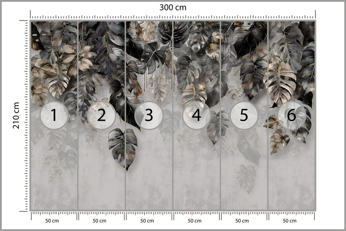FOTOTAPETE für Wohnzimme Tropenblätter Beton Monstera 300x210 - Gelb/Schwarz, Papier (300/210cm) - Muralo