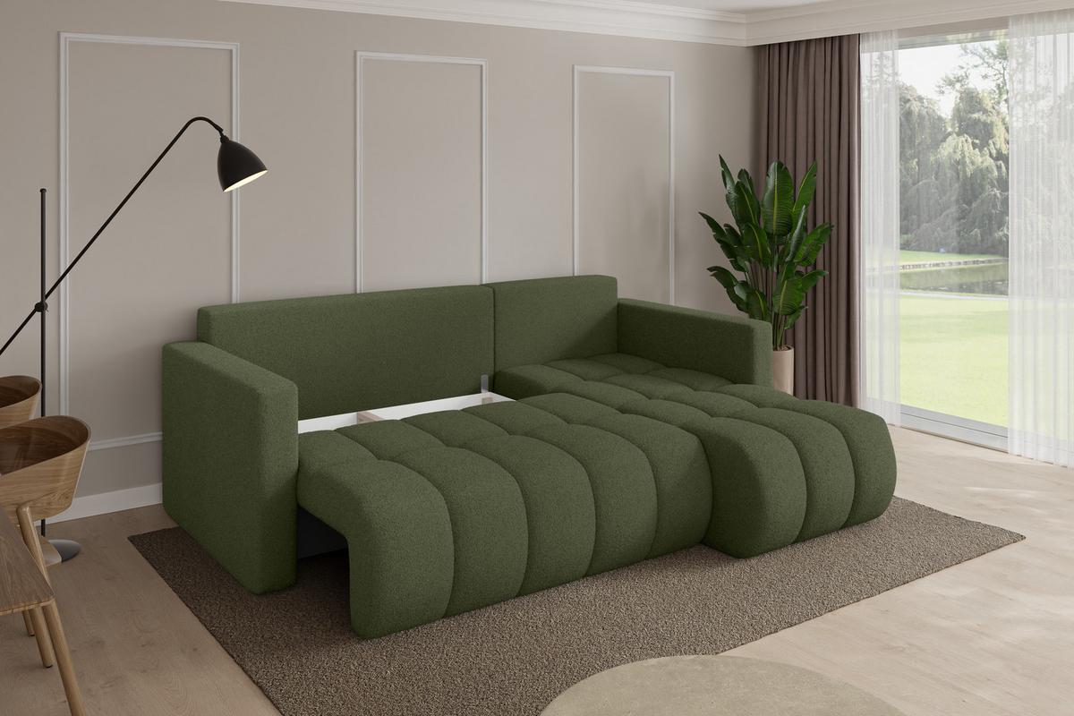 ECKSOFA mit Schlaffunktion Ottomane Rechts GARD-L 226x146x85 Grün Bouclé - Schwarz/Olivgrün, Holzwerkstoff/Kunststoff (226/146cm) - ALTDECOR