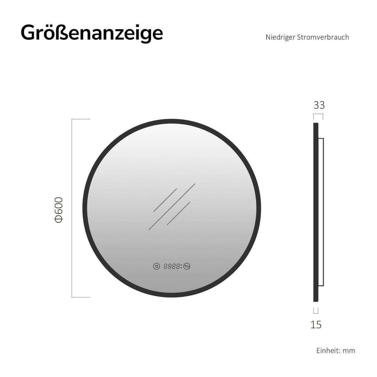 BADSPIEGEL mit LED-Beleuchtung Anti-Beschlag Zeitanzeige Schwarz Ø 60 cm - Schwarz, Glas (60/60/3cm) - EMKE