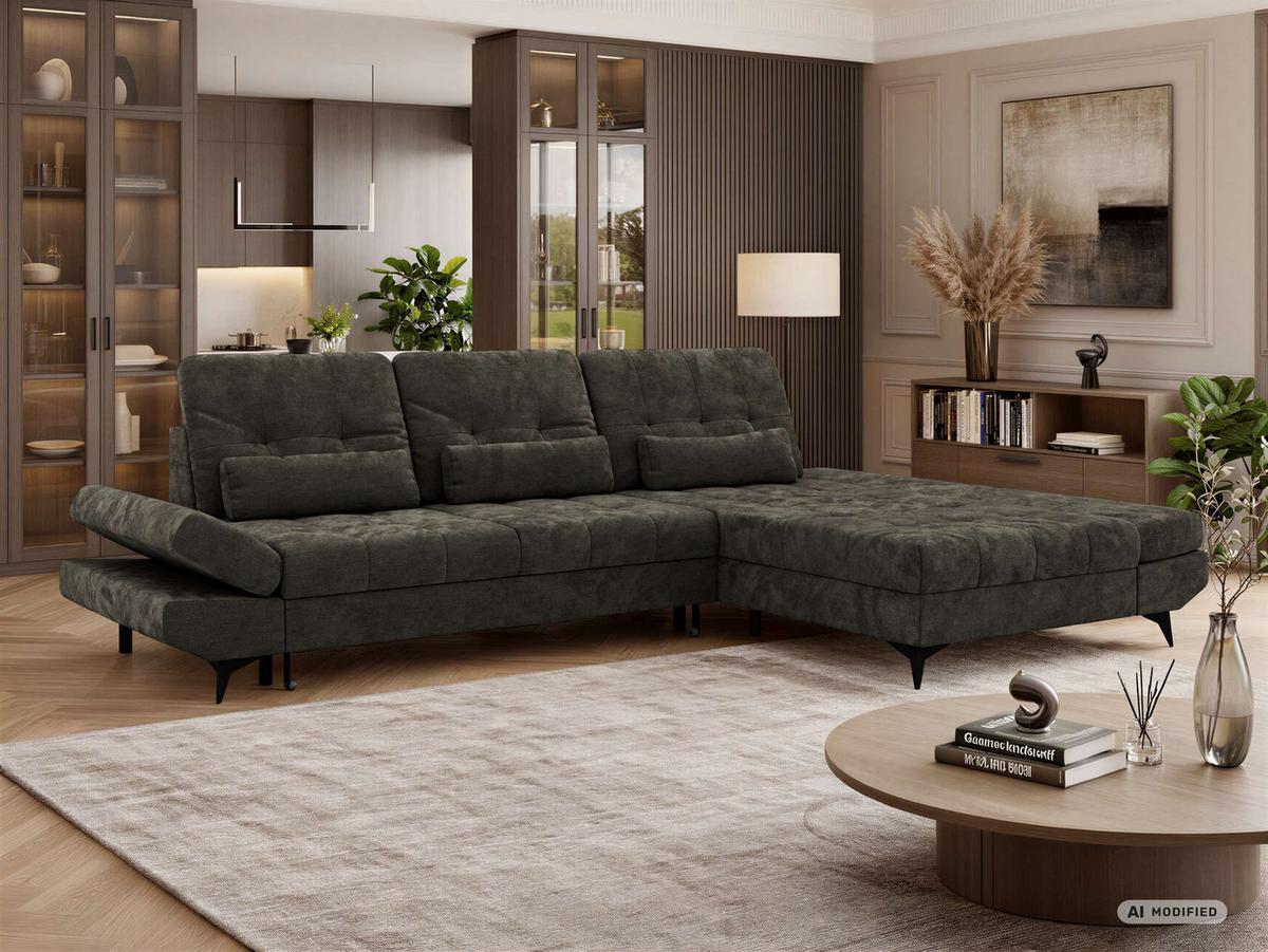 ECKSOFA ALVENO L - Dunkelgrau Schenille glatt - Rechts Seite - Dunkelgrau/Schwarz, Textil/Metall (344/218cm) - MKS