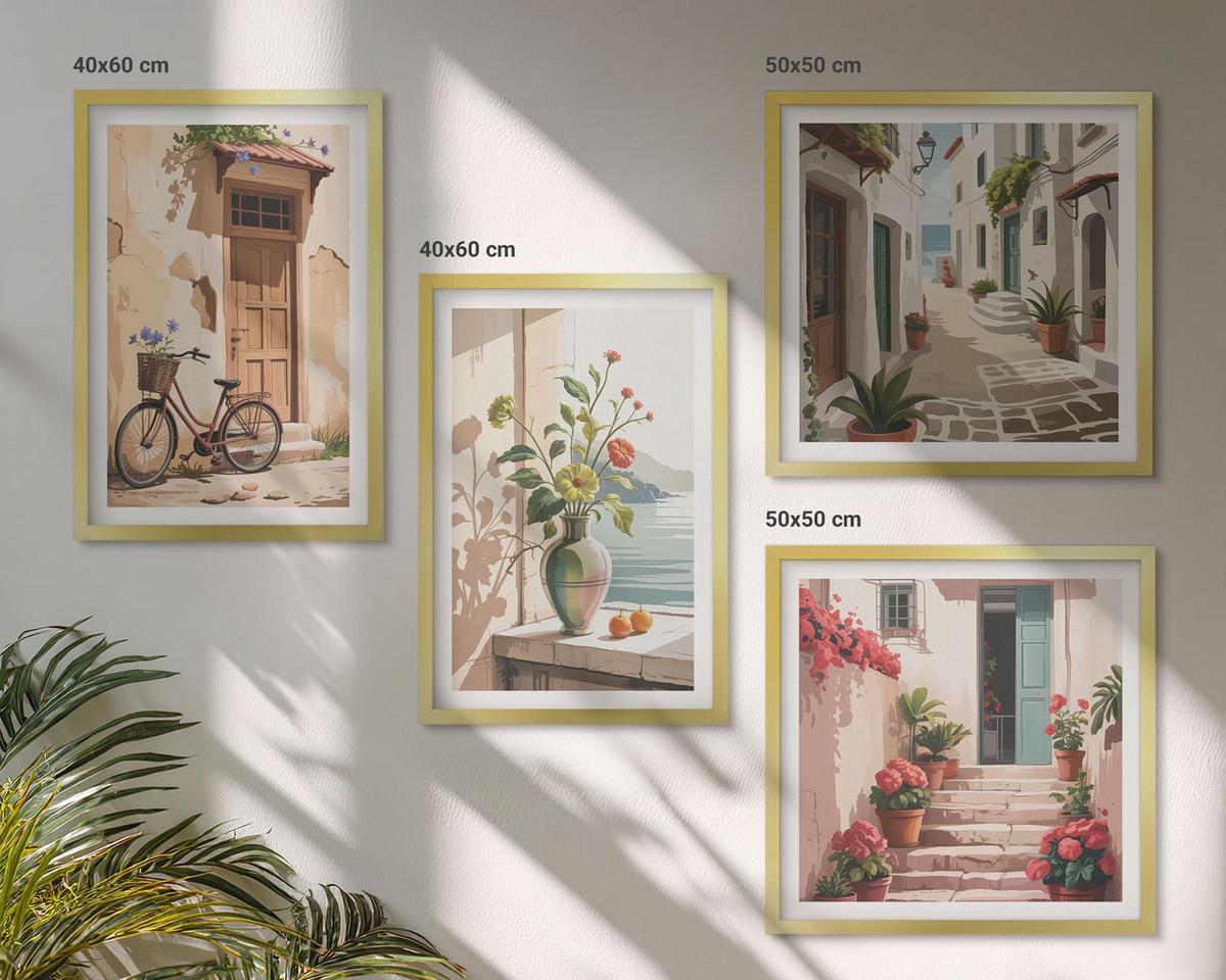 BILDER SET 4er Set - 50x50 cm & 40x60 cm Goldrahmen - Straßenblumen, Fahrrad bemalt - Goldfarben, Kunststoff (50/50cm) - TULUP