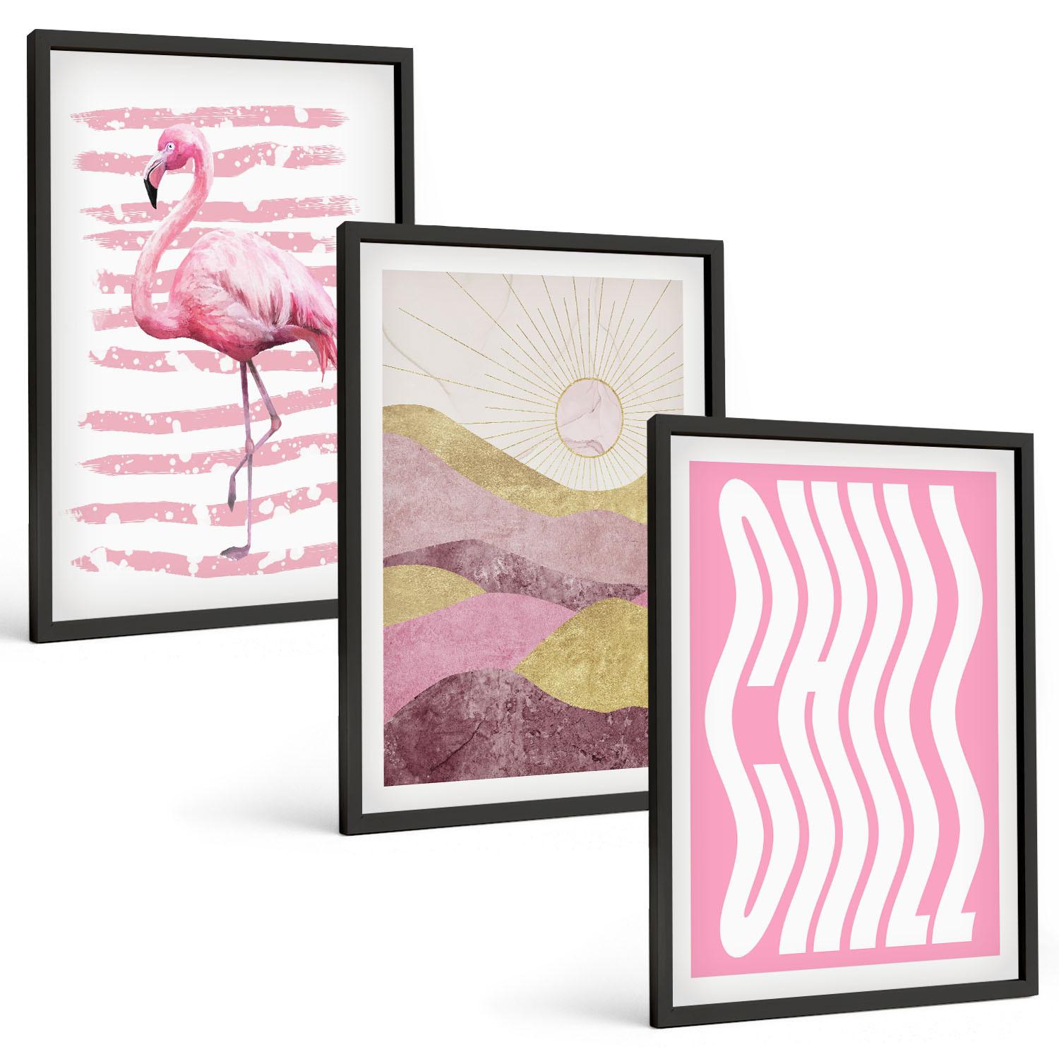 BILDER SET 3er Set - 40x60 cm Schwarzer Rahmen - Pastelllandschaft mit rosa Flamingos - Schwarz, Kunststoff (40/60cm) - TULUP
