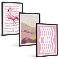 BILDER SET 3er Set - 40x60 cm Schwarzer Rahmen - Pastelllandschaft mit rosa Flamingos - Schwarz, Kunststoff (40/60cm) - TULUP