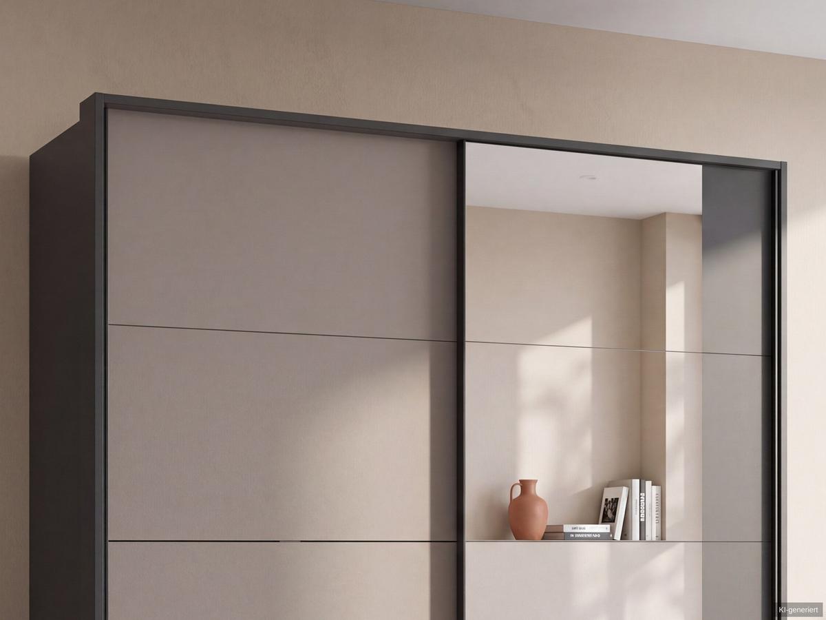 SCHWEBETÜRENSCHRANK 2-türig B183/H200/T65 cm, Passepartout-Kleiderschrank mit Spiegel & sichtbaren Schubkästen in Grafit, 1x Tür in Sandgrau / 22715 - Sandfarben/Graphitfarben, Holz/Holzwerkstoff (183/200/65cm) - luma-home