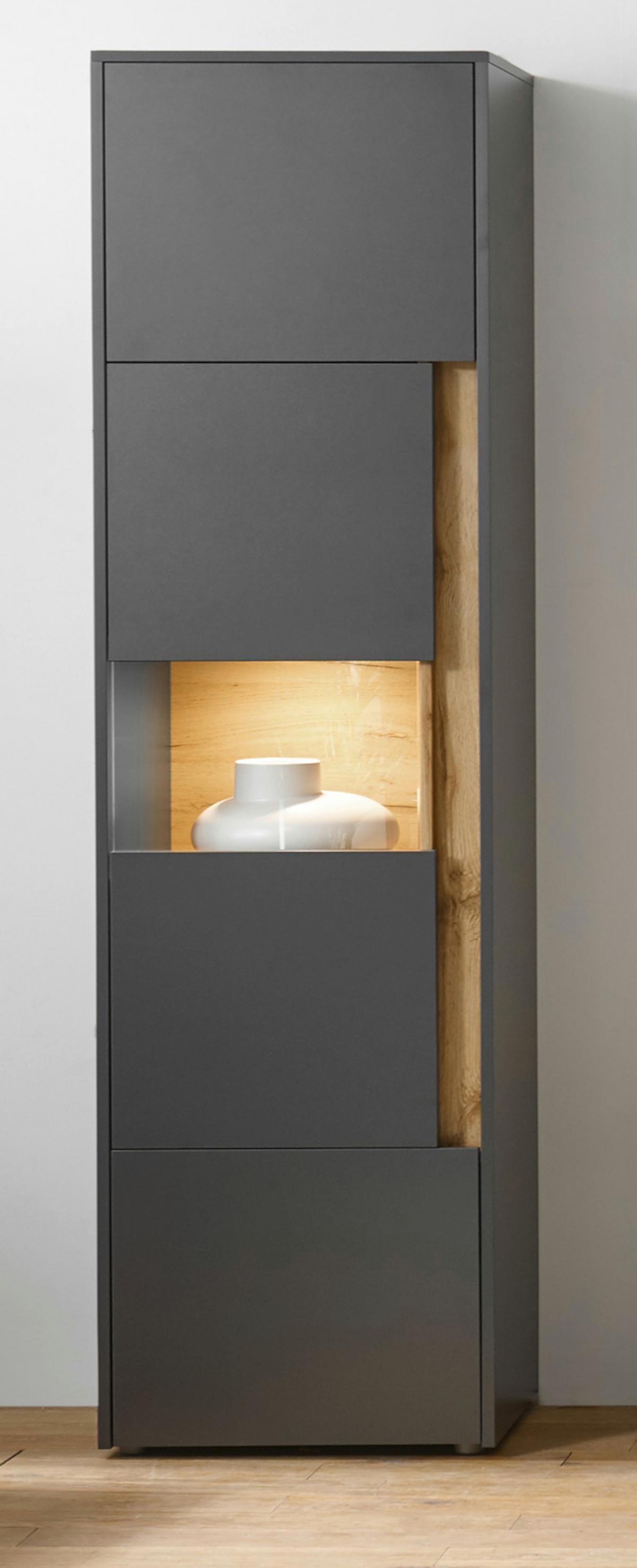 VITRINE grau matt, Eiche Wotan 50 x 197 cm, Vitrinenschrank 5 Fächer - Eiche Wotan/Schwarz, Glas/Holz (50/197/40cm) - Furn.Design