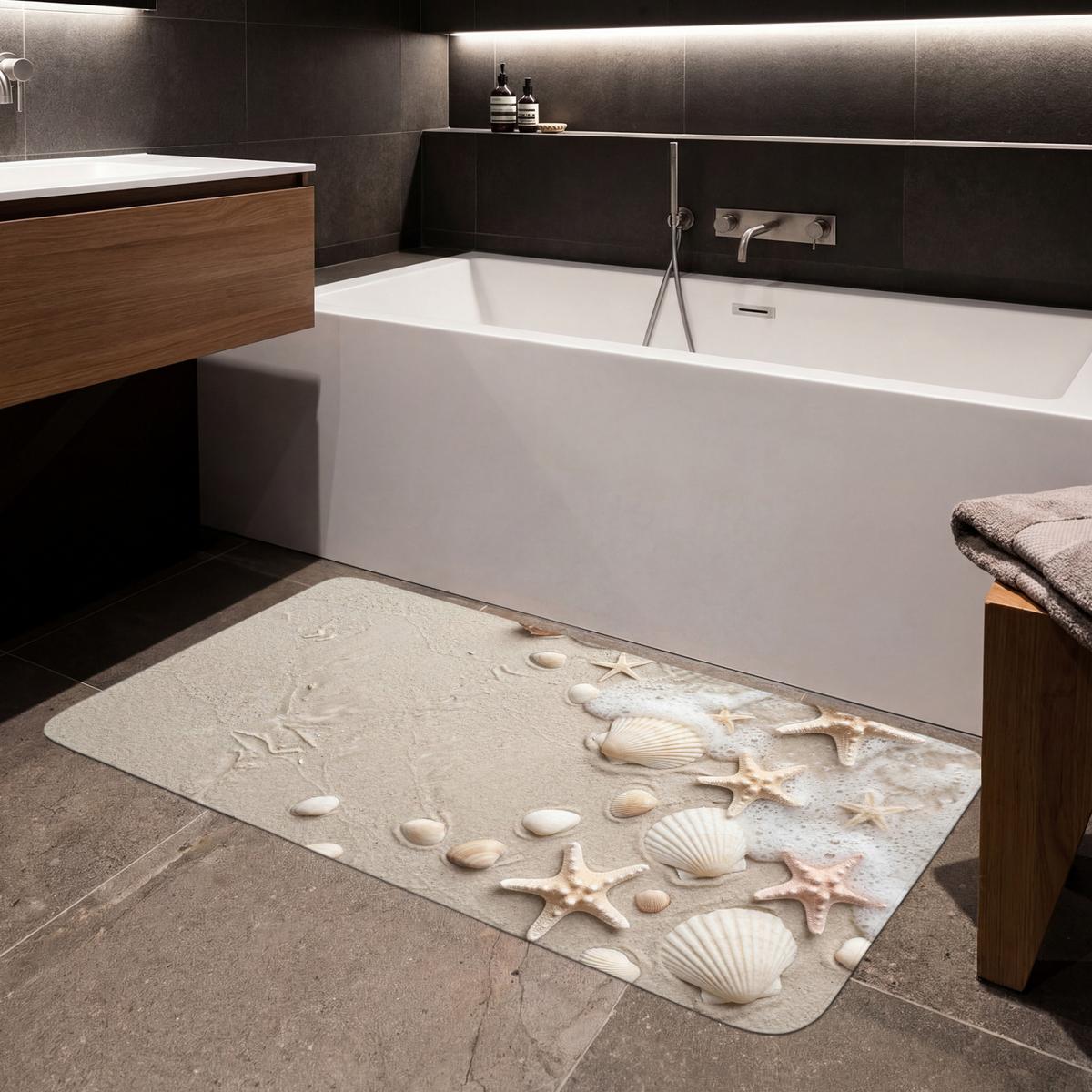 BADEMATTE Muscheln - Seesterne - Strand 120x60 cm - Sandfarben/Creme, Textil (120/60cm) - OnlyWow