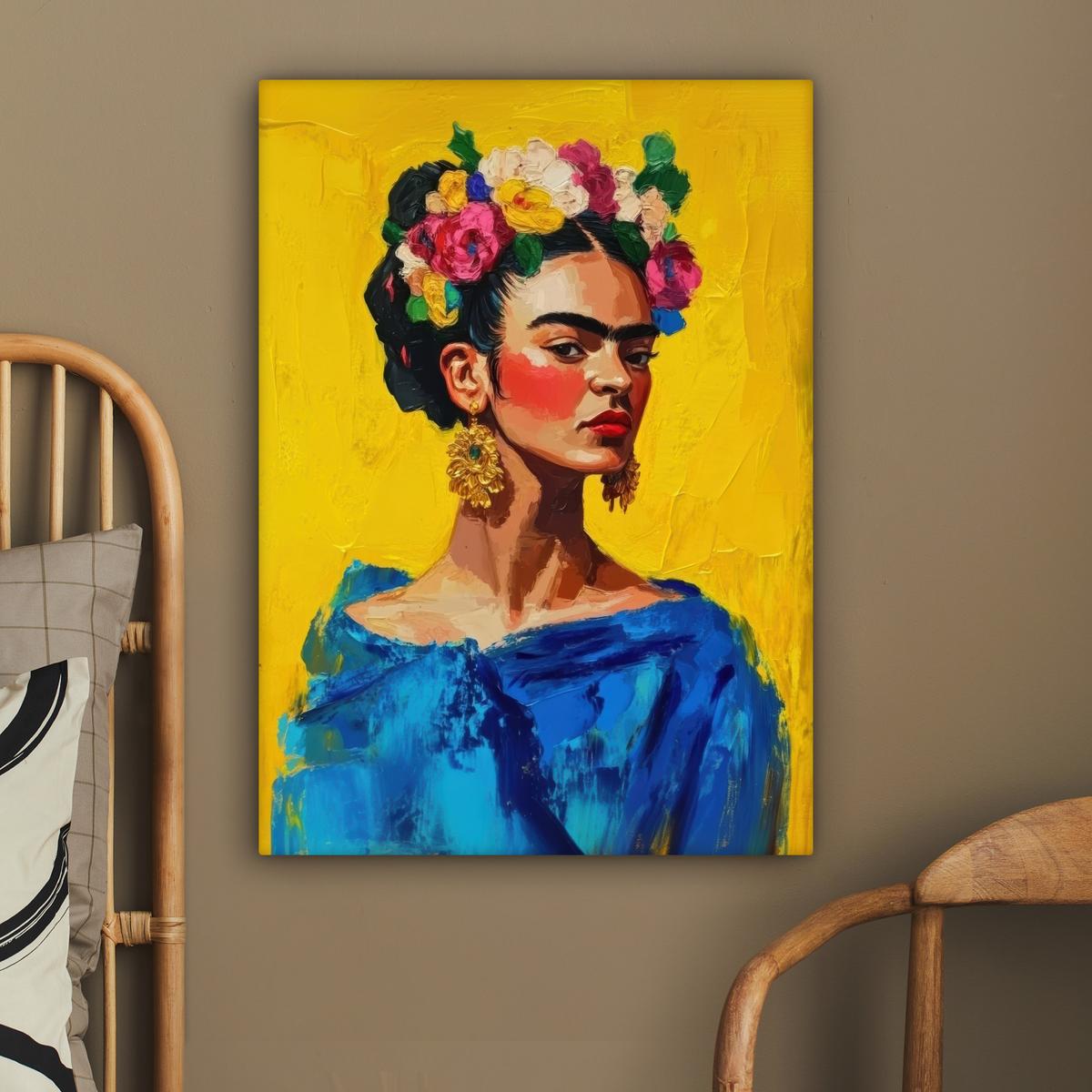LEINWANDBILD Frida Kahlo - Frau - Gelb - Blau - Blumen Wandbild Wohnzimmer 60x80 cm - Gelb, Textil (60/80cm) - MuchoWow