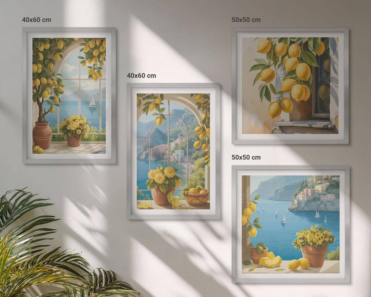 BILDER SET 4er Set - 50x50 cm & 40x60 cm Silberner Rahmen - Meereslandschaften, Zitronen, Fenster - Silberfarben, Kunststoff (50/50cm) - TULUP