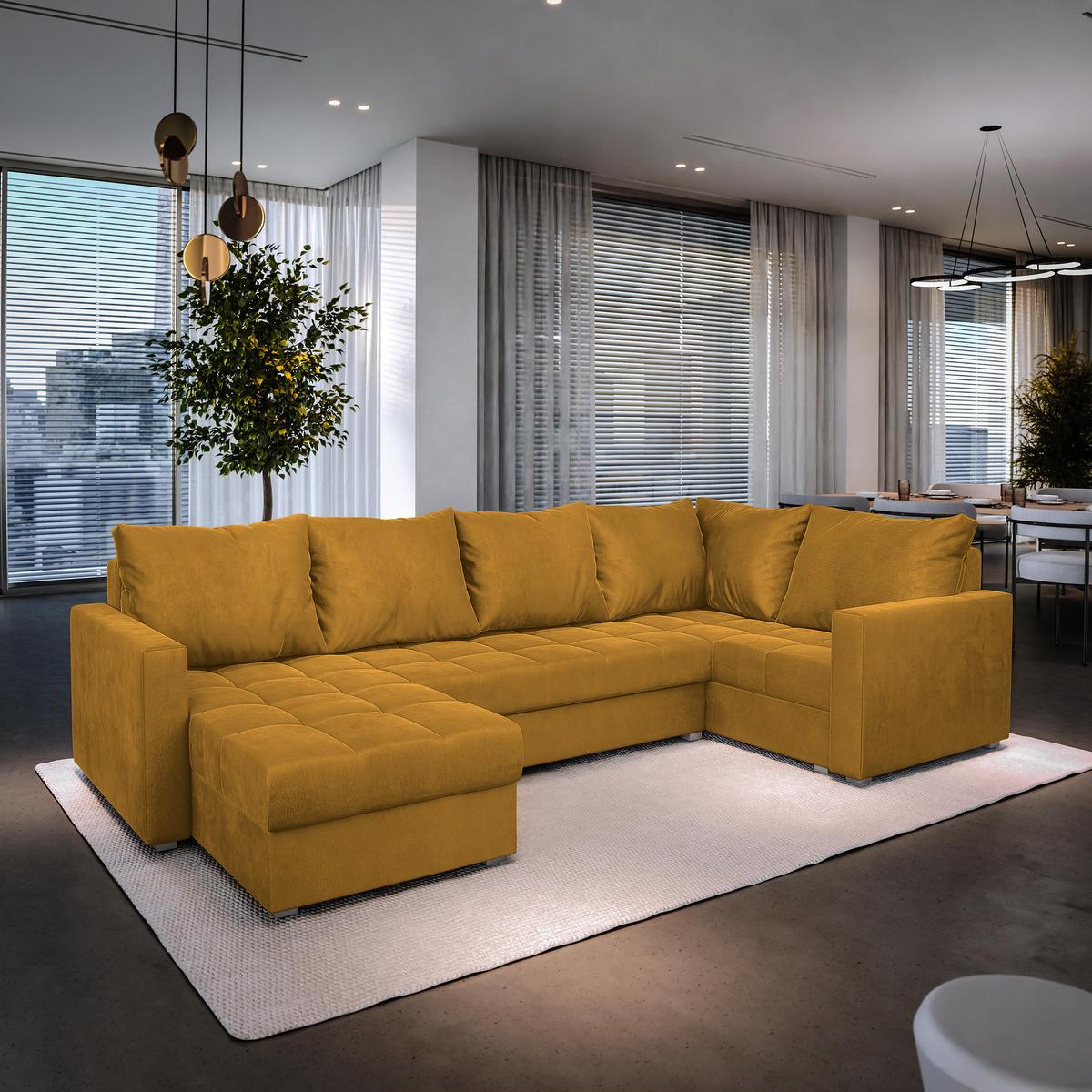 WOHNLANDSCHAFT LORIVO R-S Gelb Plüsch-Stoff mit Schlaffunktion - Gelb/Grau, Holz/Kunststoff (285/85/150cm) - MASSENO