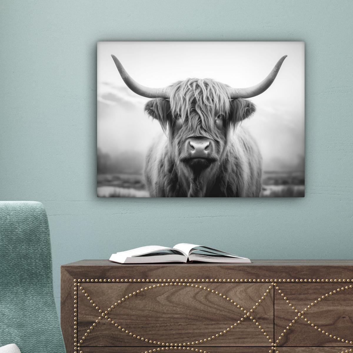 LEINWANDBILD Schottischer Highlander - Nebel - Schwarz - Weiß Wandbild 40x30 cm - Grau, Textil (40/30cm) - MuchoWow