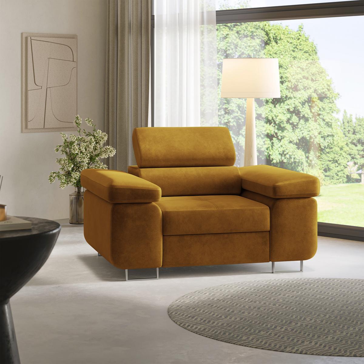 SESSEL CALVO Polstersessel Loungesessel ergonomisch, Gelb - Gelb, Holz/Metall (133/87/98cm) - MASSENO