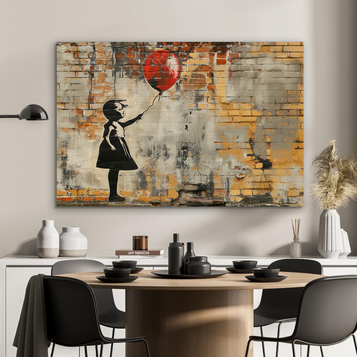METALLBILD Graffiti - Banksy - Mädchen - Straßenkunst Deko Groß 120x80 cm - Sandfarben, Metall (120/80cm) - MuchoWow