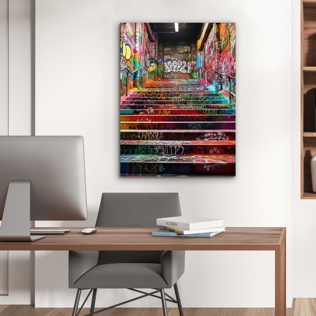 METALLBILD Treppe - Graffiti - Farben - Kunst 60x80 cm - Multicolor, Metall (60/80cm) - MuchoWow
