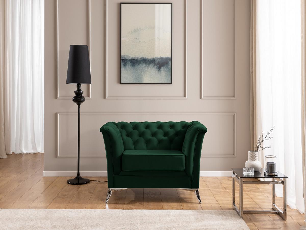 CHESTERFIELD-SESSEL Whitby Flaschengrün Samt mit silbernen Füßen - Dunkelgrün/Silberfarben, Holz/Textil (116/78/82cm) - S-Style Möbel