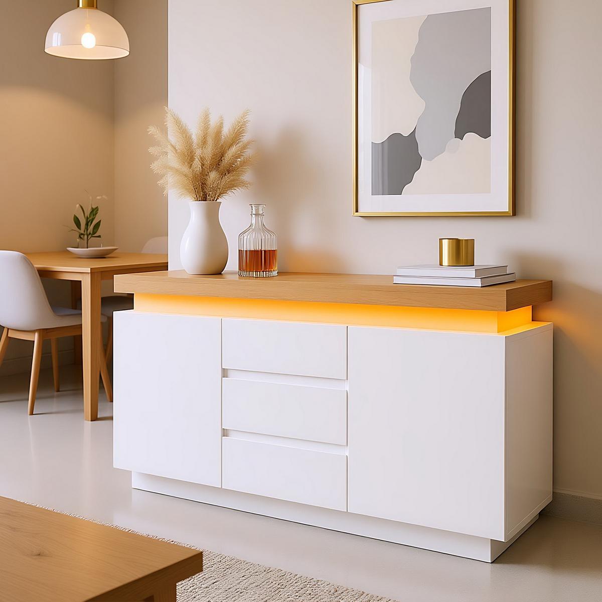 SIDEBOARD 140 cm in Weiß Hochglanz mit Smart-LED & 3 Schubladen - Weiß, Holzwerkstoff (140/81/39cm) - Urban Meuble