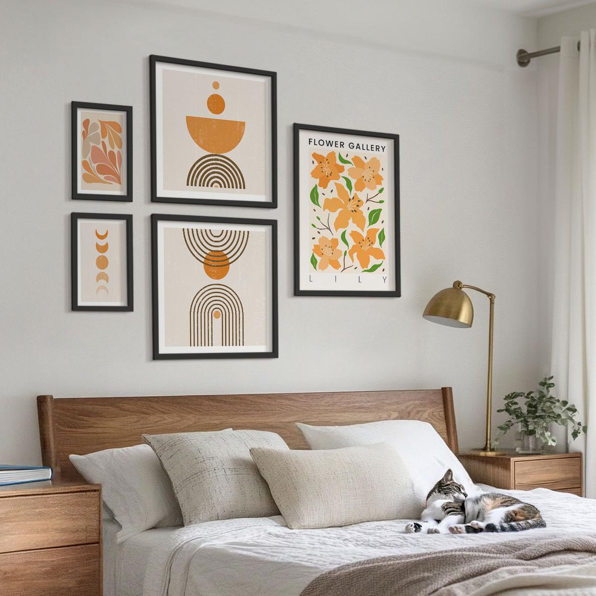 BILDER SET 5er Set - 50x50 cm & 20x30 cm & 40x60 cm Schwarzer Rahmen - Abstrakte orange Formen - Schwarz, Kunststoff (40/60cm) - TULUP