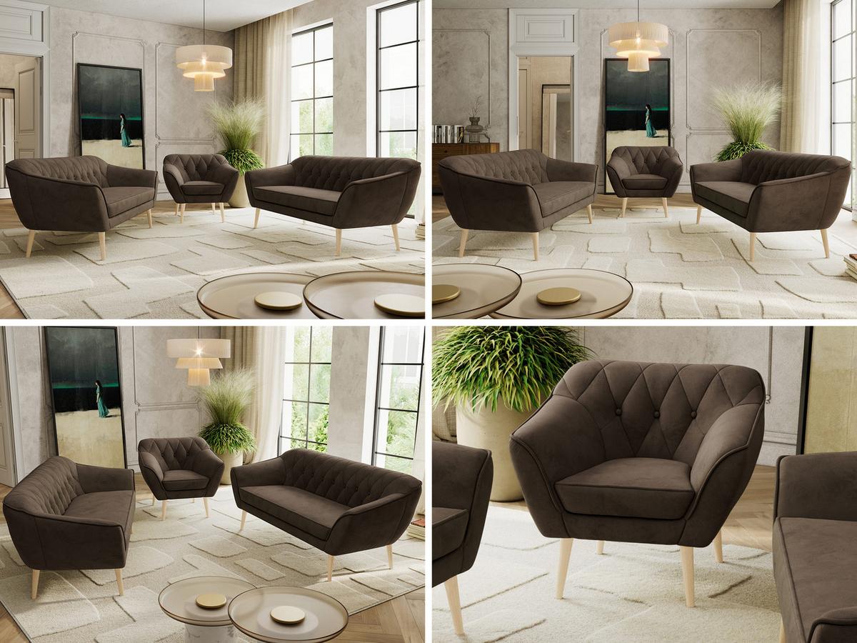 SITZGARNITUR PIRS 3+3+1 - Braun Velvet - Holzbeine - Dunkelbraun/Buchefarben, Holzwerkstoff/Textil (180/75/74cm) - MKS