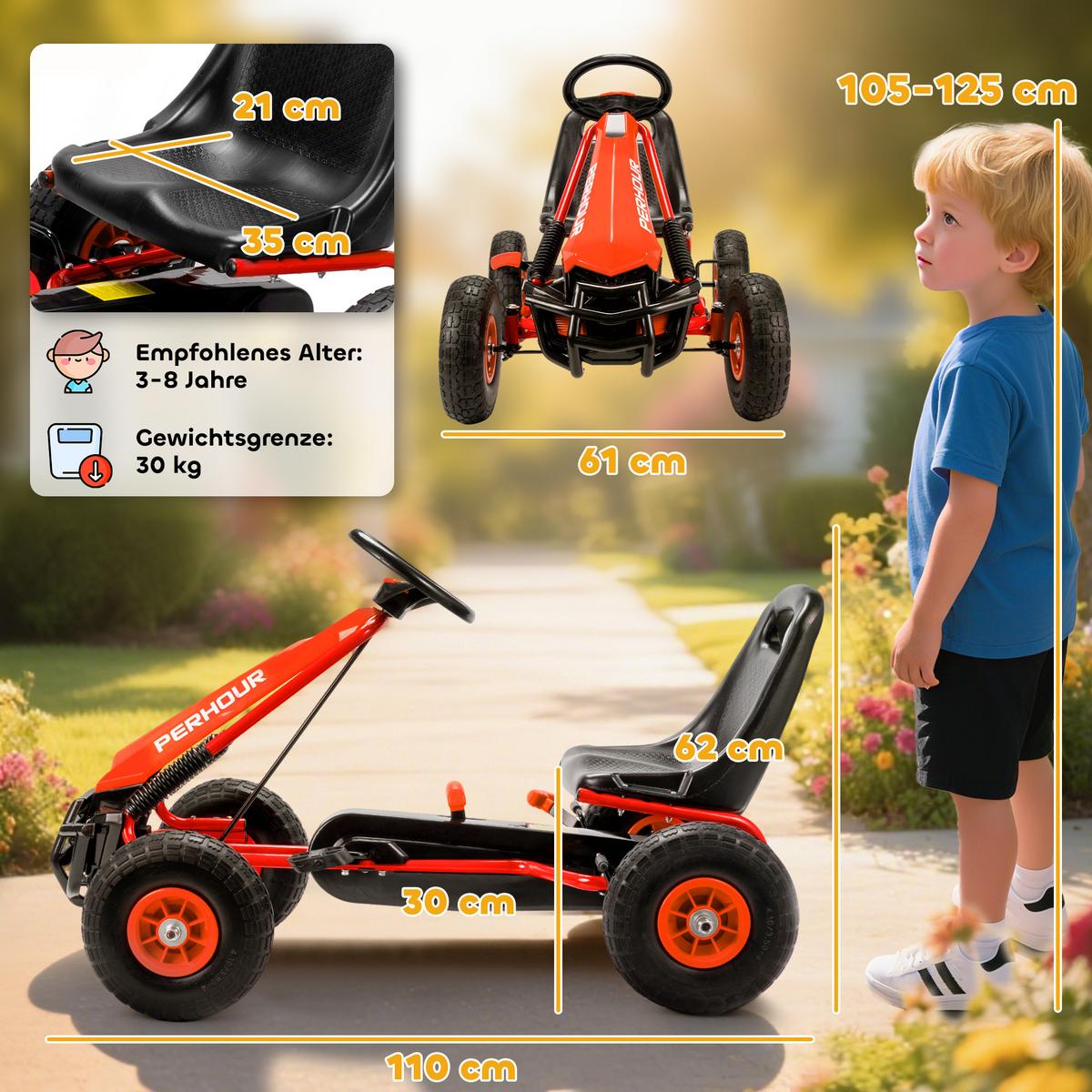 GOKART, Tretauto mit Handbremse, verstellbarem Sitz, Vor- und Rückwärtsgang - Rot, Metall (110/61/62cm) - AIYAPLAY
