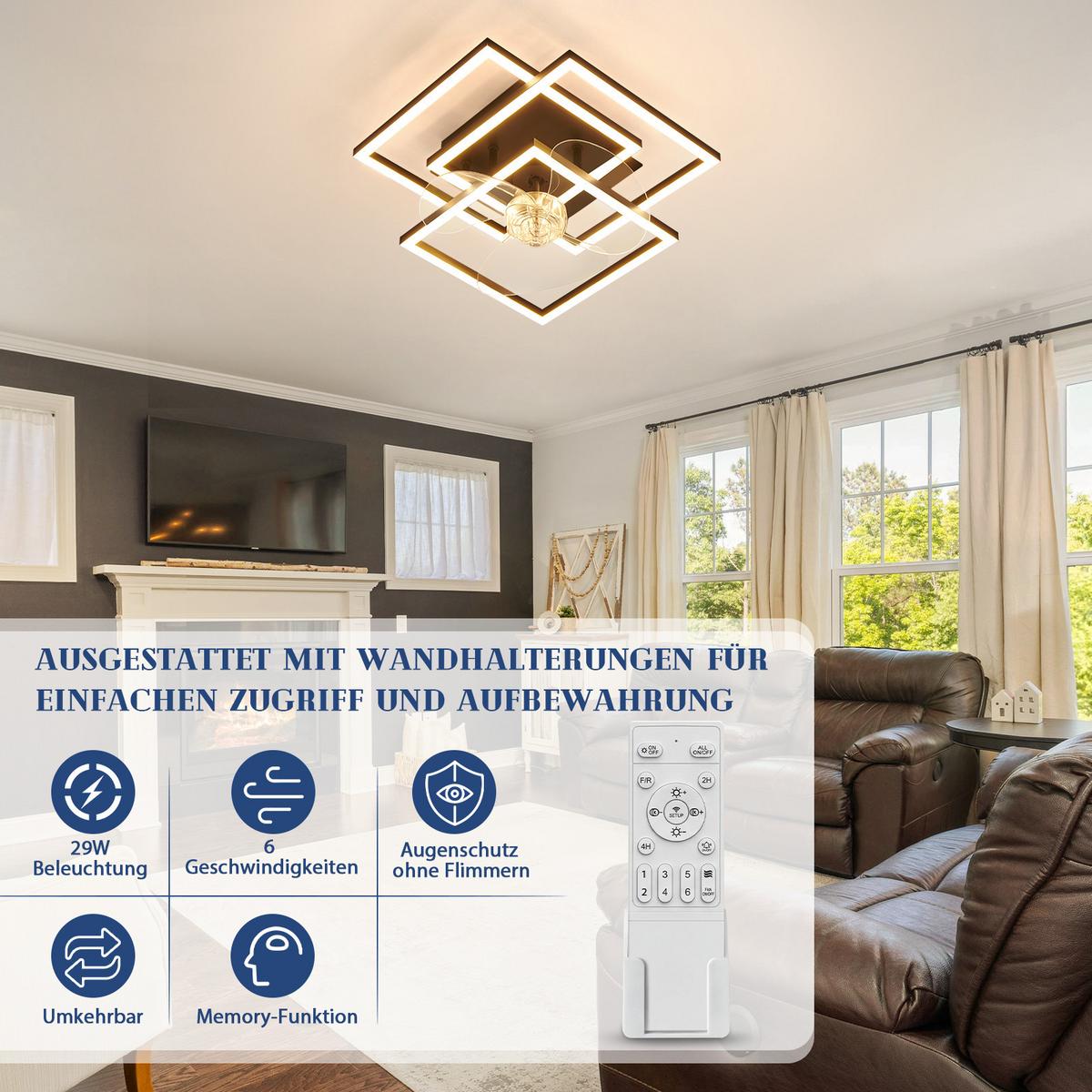 DECKENVENTILATOR Mit Beleuchtung Qalen 37/37/16.5 cm - Schwarz, Kunststoff/Metall (37/37/16.5cm) - ZMH