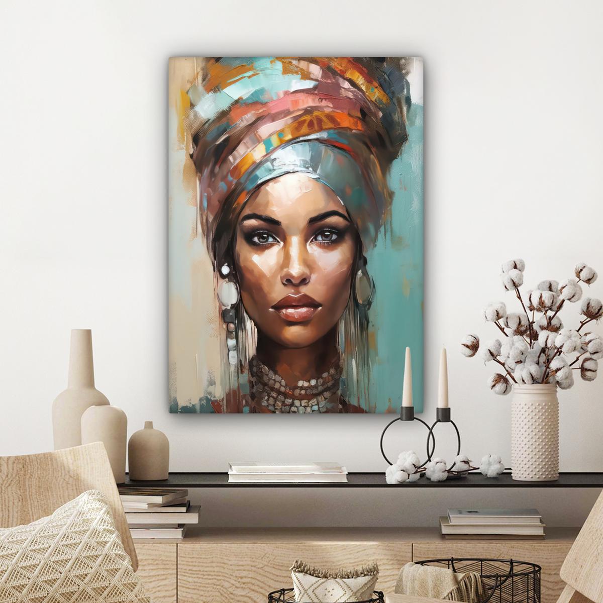 LEINWANDBILD Frau - Kunst - Schmuck - Porträt Wandbild Wohnzimmer 60x80 cm - Blaugrau, Textil (60/80cm) - MuchoWow