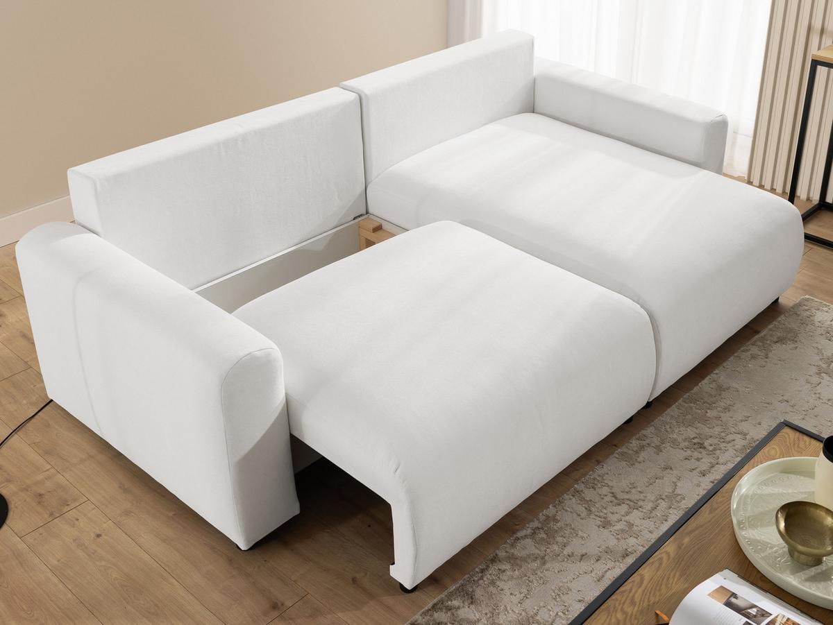 ECKSOFA Calma mit Schlaffunktion und Bettkasten im Bumpy-Design aus weichem Creme Webstoff - Ottomane rechts - Creme/Schwarz, Holz/Kunststoff (140/239cm) - S-Style