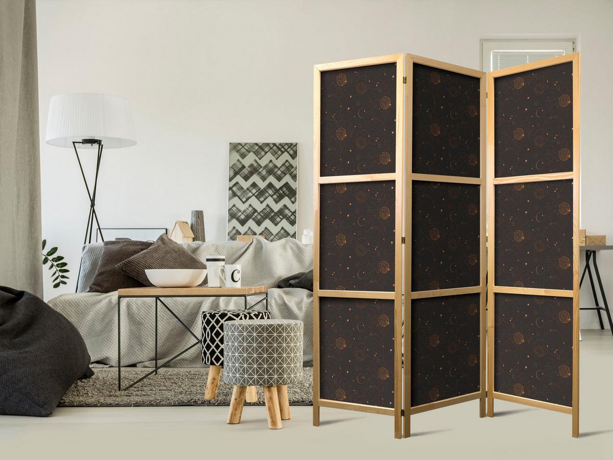 PARAVENT Japanischer 3-tlg 135x172 cm Sonnen Und Sterne - Braun, Holz/Textil (135/172/3cm) - Muralo