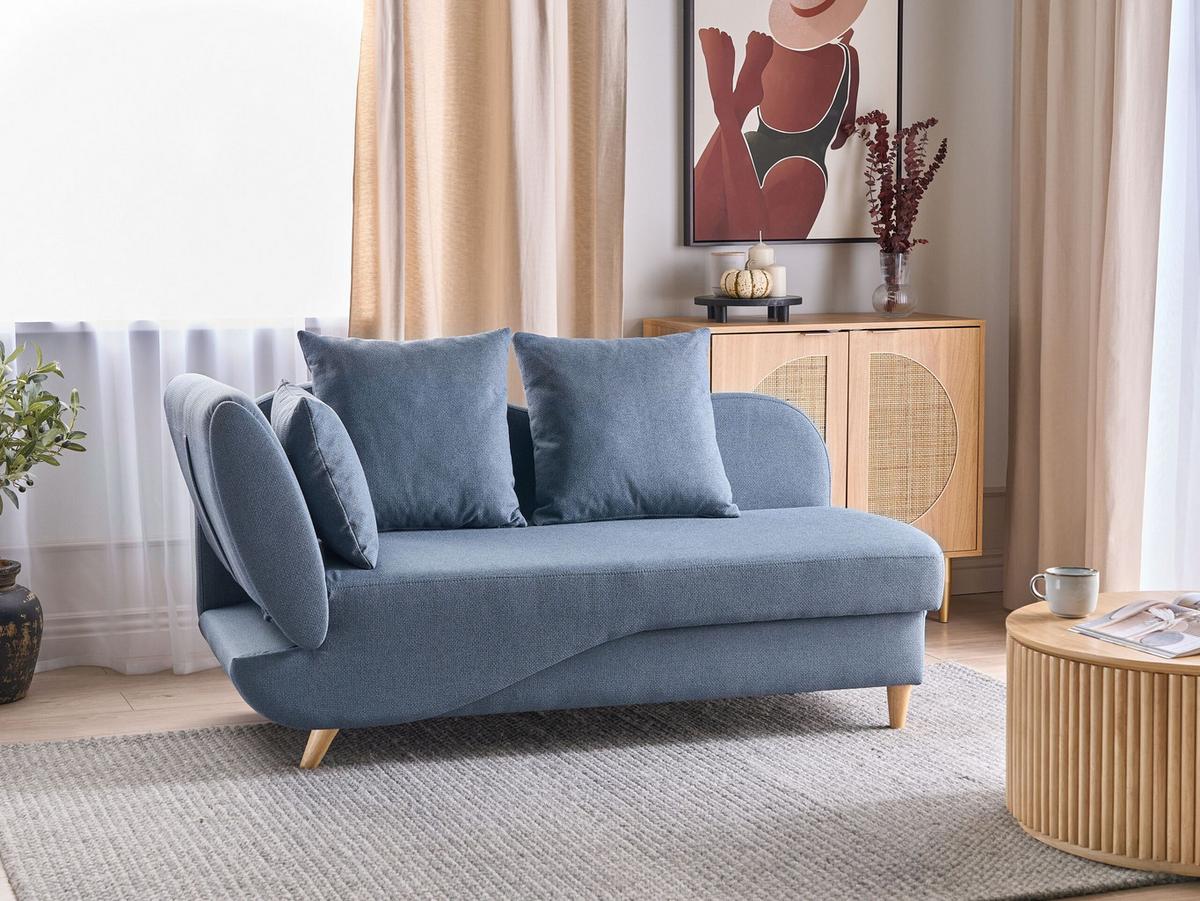 CHAISELONGUE Leinenoptik dunkelblau mit Bettkasten linksseitig Meri - Blau/Hellbraun, Textil (156/73/69cm) - Beliani