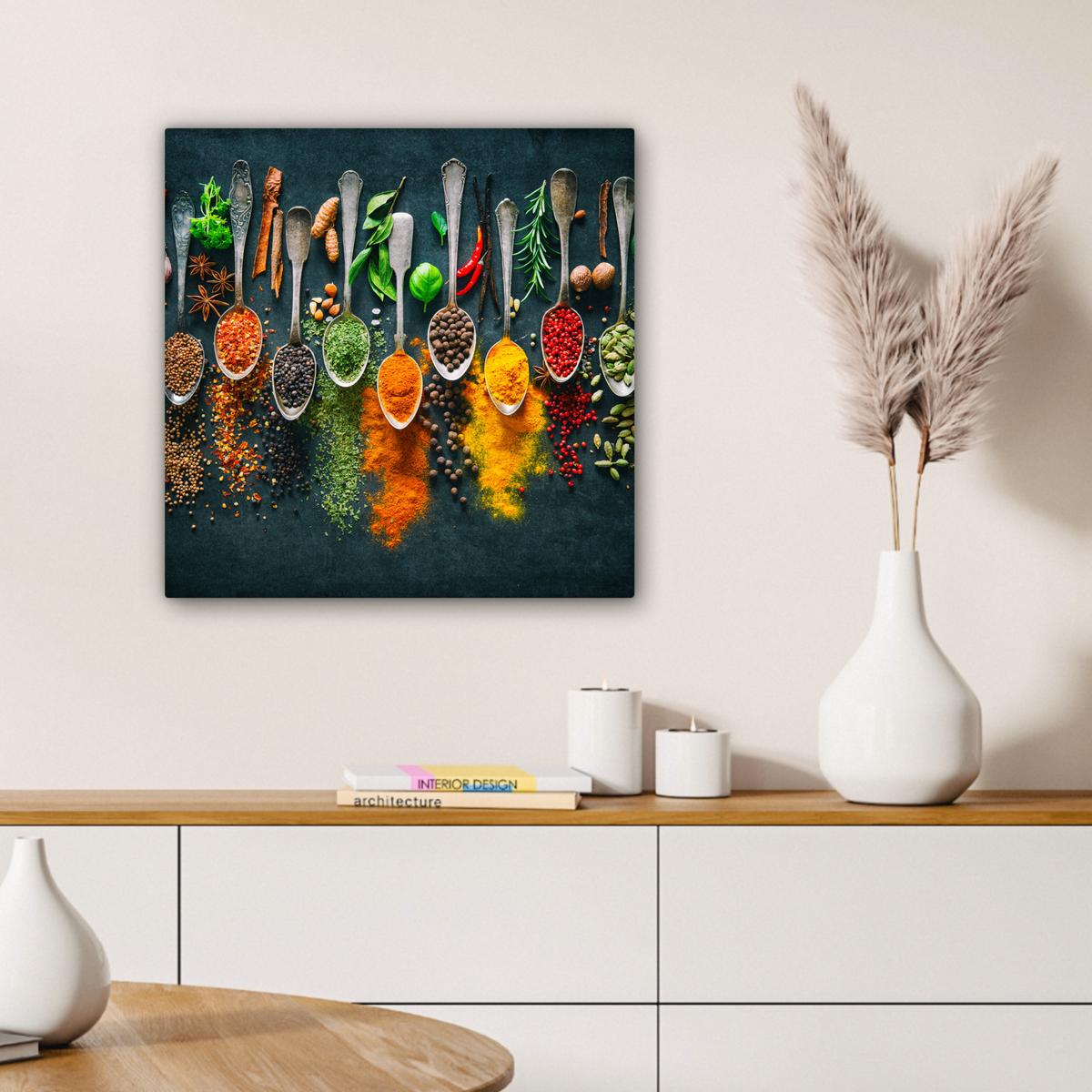 LEINWANDBILD Kräuter - Gewürze - Löffel Wandbild Wohnzimmer 50x50 cm - Currygelb, Textil (50/50cm) - MuchoWow