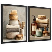 POSTER 2er-Set dekorative Badezimmer-Wandbilder und für Waschbecken, Dusche, WC mit Seifen, Handtüchern und Bürsten, Naturstil Schwarzer Rahmen A4 - Schwarz, Papier (29.7/21/3cm) - Nacnic