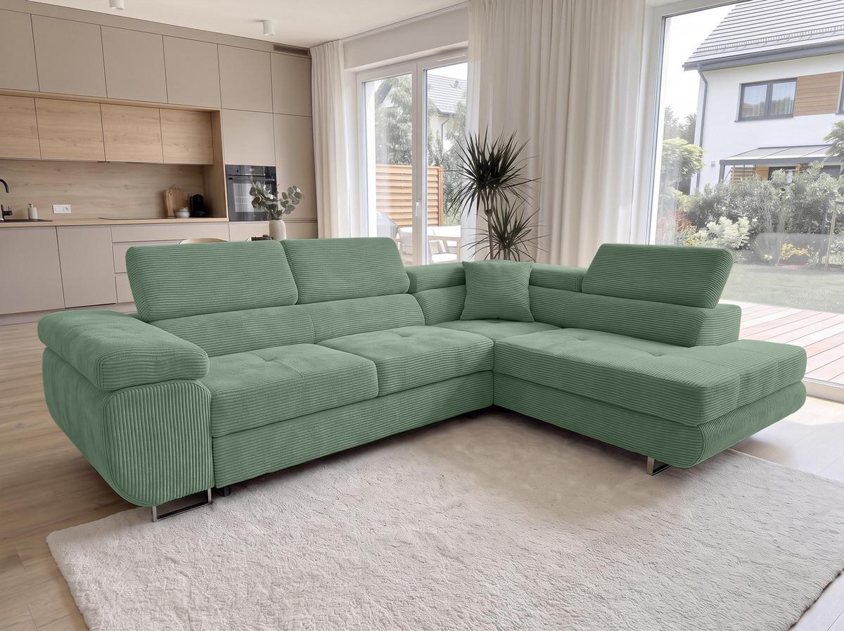 ECKSOFA L Form Konak Salbeigrün 276/201/90 cm Rechts mit Schlaffunktion - Salbeigrün/Silberfarben, Textil/Metall (276/203cm) - AX Living