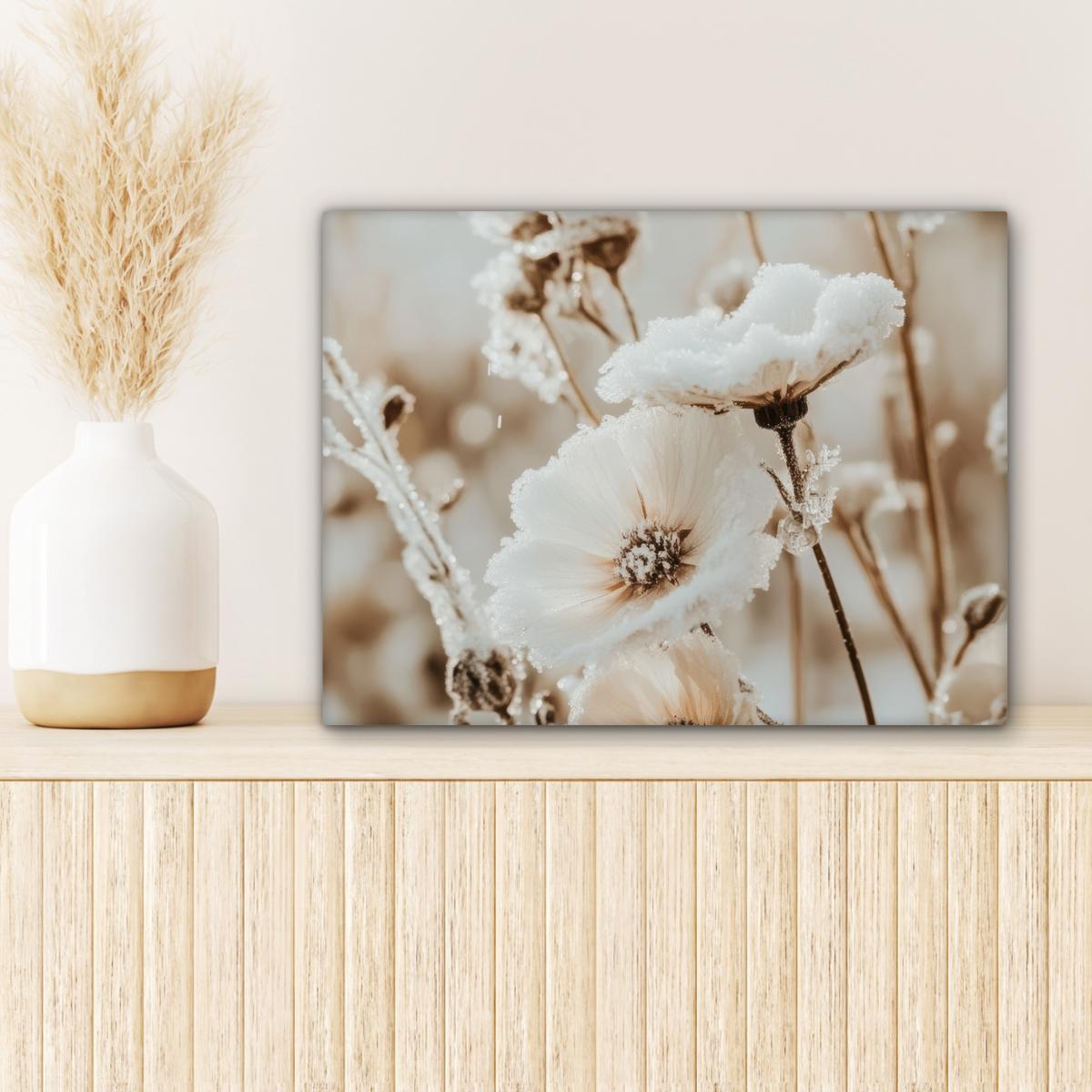 LEINWANDBILD Blumen - Winter - Weiß - Schnee - Beige Wandbild 40x30 cm - Creme, Textil (40/30cm) - MuchoWow
