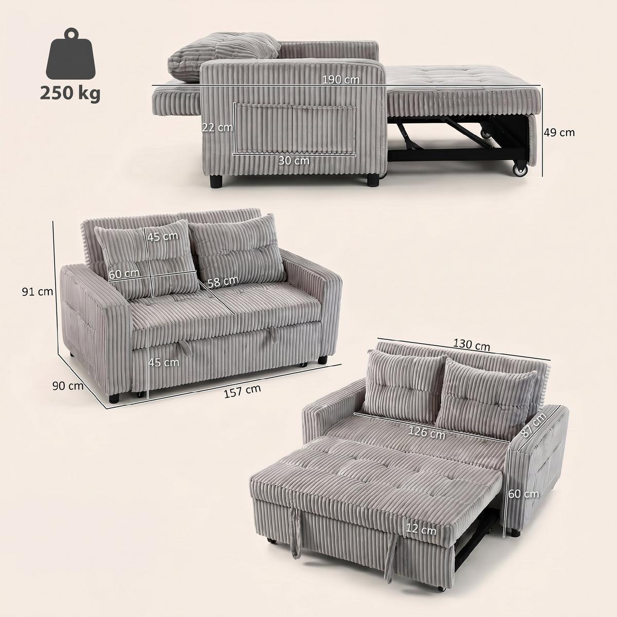 SCHLAFSOFA Polyester Stahl Hellgrau - Hellgrau/Schwarz, Holz/Kunststoff (90/91/157cm) - HOMCOM