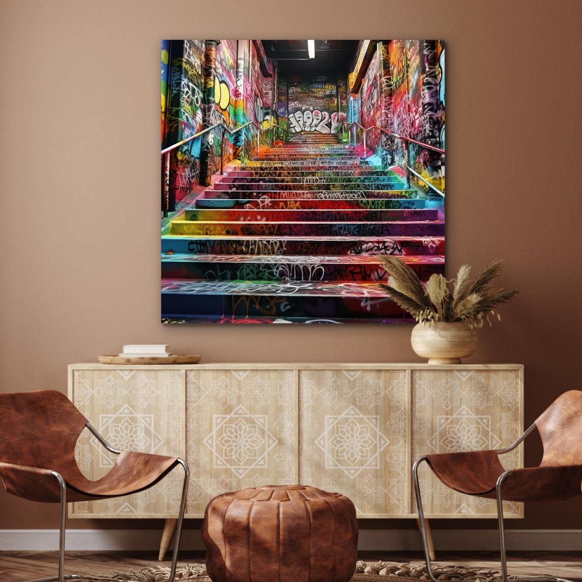METALLBILD Treppe - Graffiti - Farben - Kunst 90x90 cm - Multicolor, Metall (90/90cm) - MuchoWow