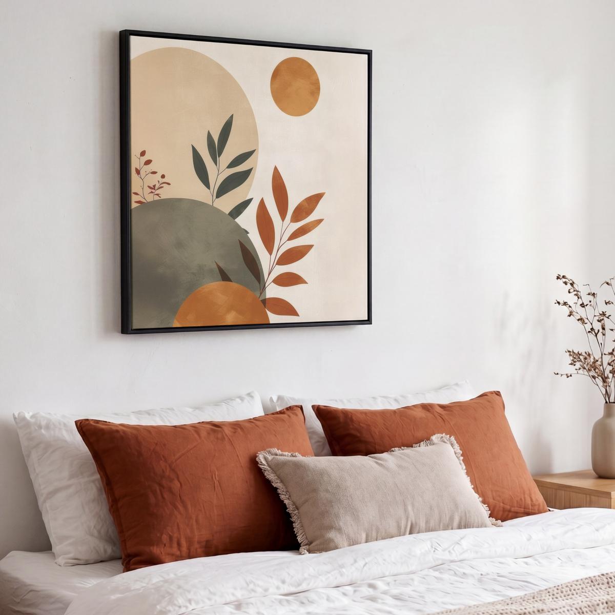 LEINWAND Bilder mit Rahmen - Formen - Rund - Blätter - Beige - 50x50 - Rostfarben, Textil (50/50cm) - MuchoWow