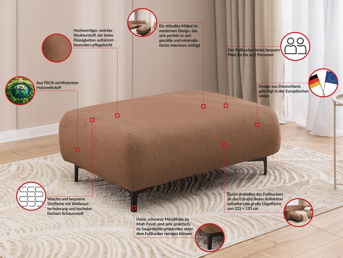 POLSTERHOCKER Cardea in Bubble-Optik aus weichem Terrakotta Strukturstoff mit hohem Sitzkomfort - Terracotta/Schwarz, Holz/Textil (110/46/65cm) - S-Style Möbel